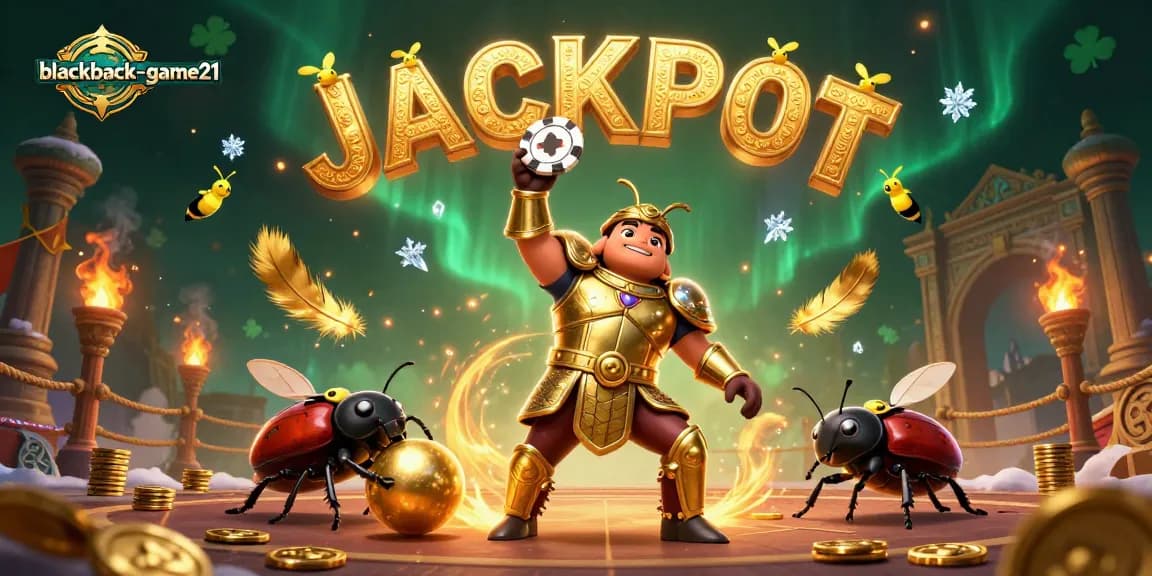 Experience victory at blackjack-game21 with a herculean beetle avatar in a gladiator pose among casino riches.