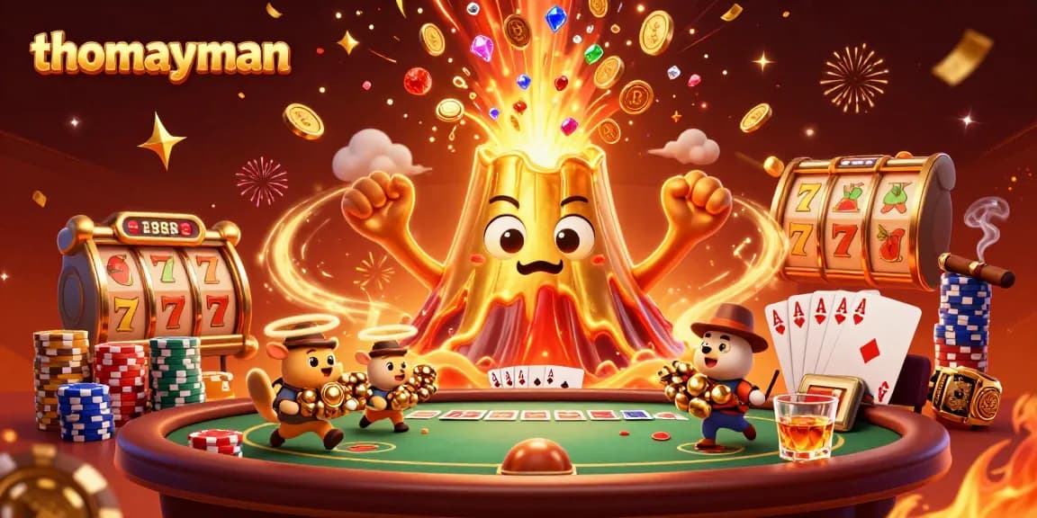 Win big with thomayman as the golden volcano erupts treasure, showcasing thrilling gambling action.