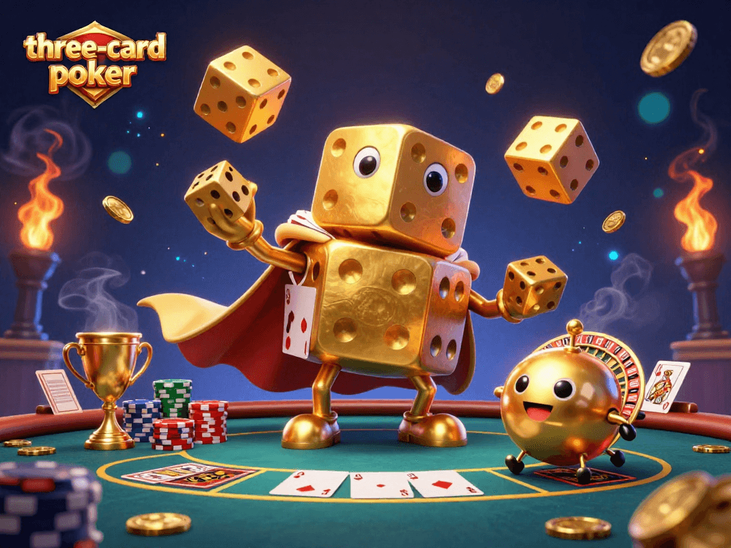 Engage in three-card-poker with dynamic characters juggling dice and vibrant game elements.