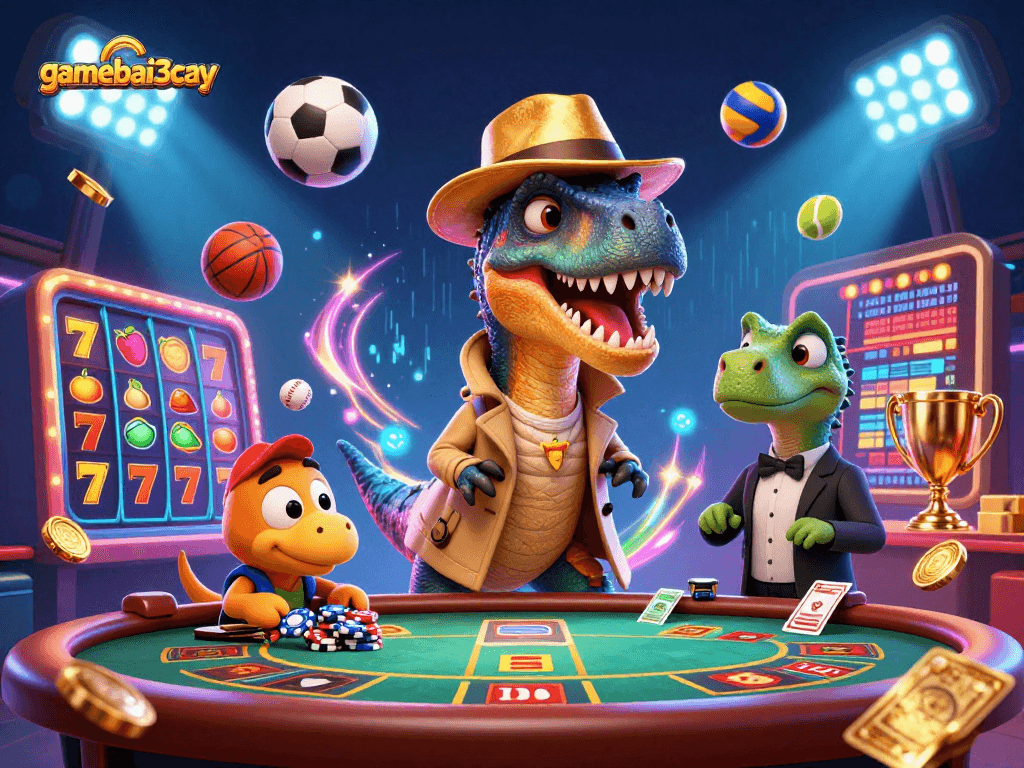 gamebai3cay captures a velociraptor card counter amidst exciting casino elements, showcasing dynamic gambling action.