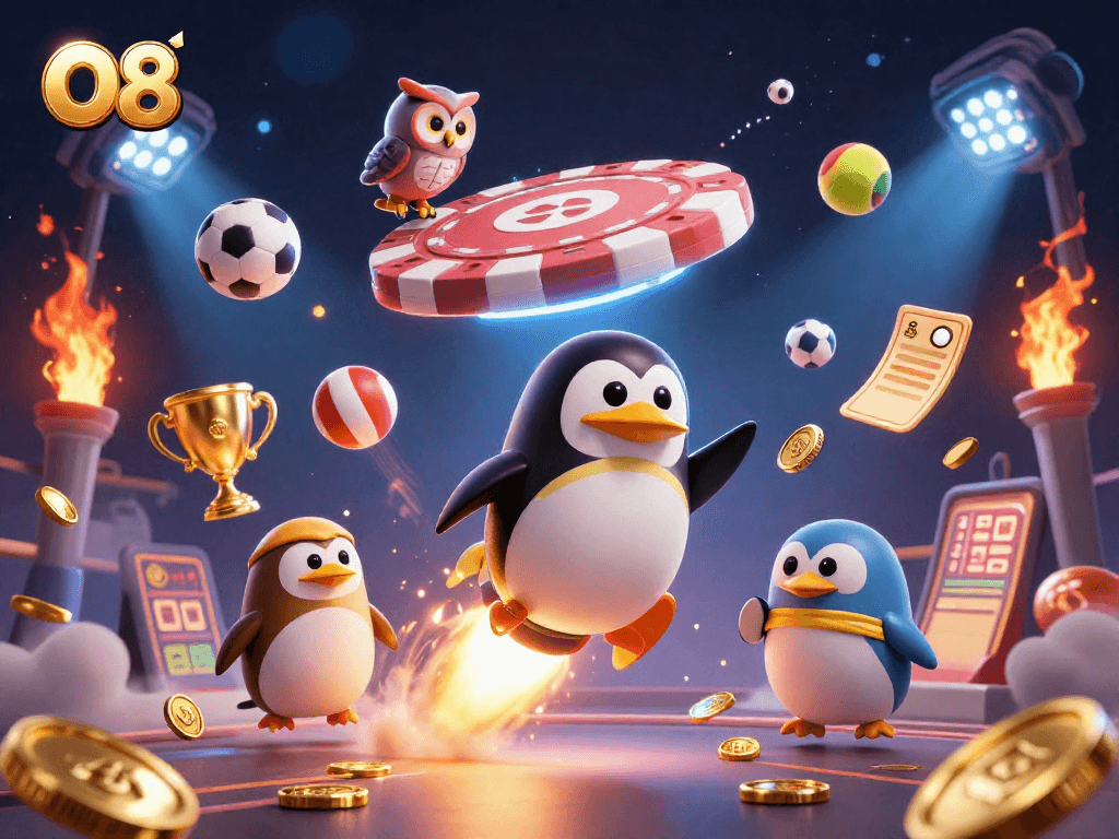 Experience O8 excitement with the golden penguin soaring past a poker chip casino