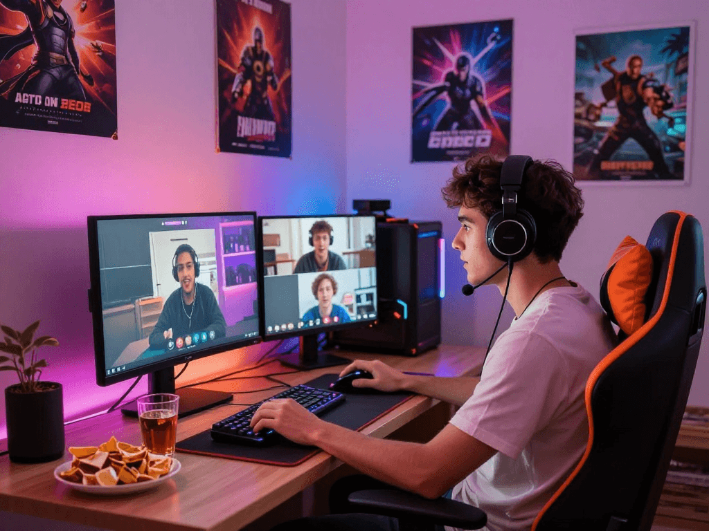 Playing an online porn game in a vibrant home gaming setup with friends.