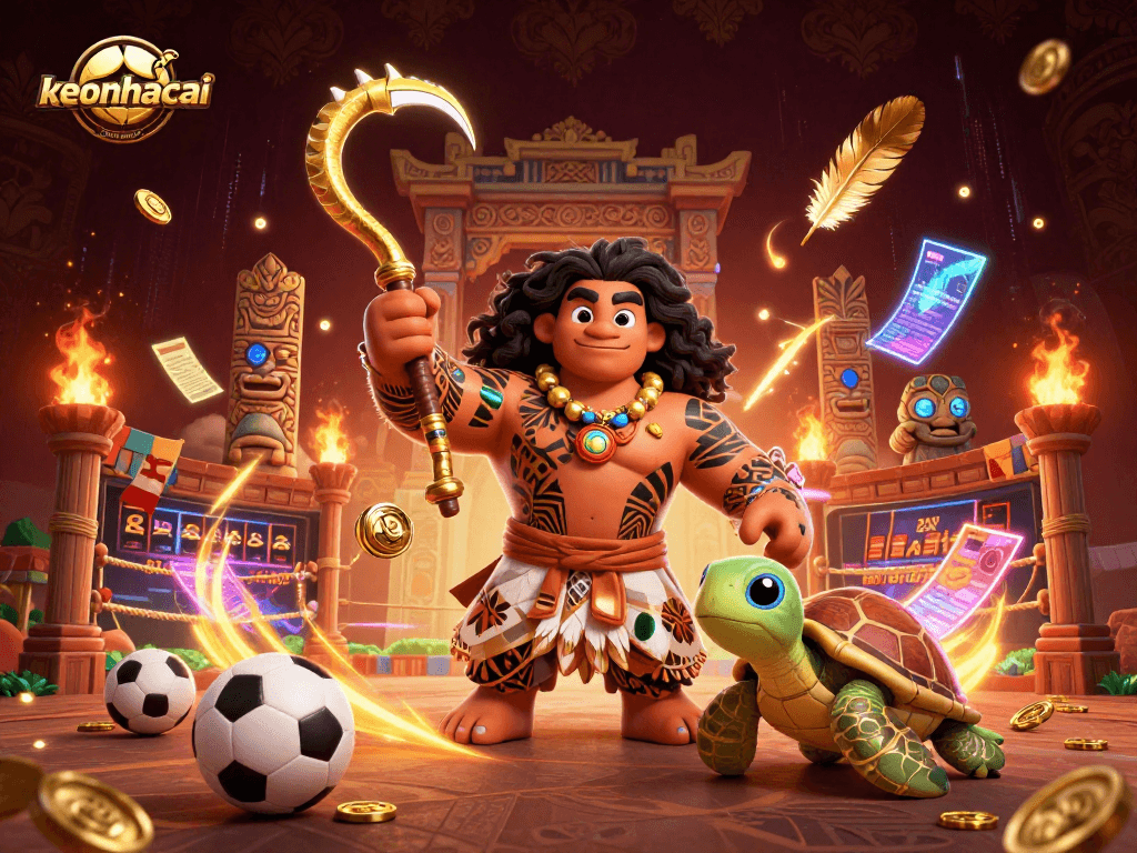 Engage with keonhacai's vibrant sports betting scene featuring a hawk demigod with golden stakes.