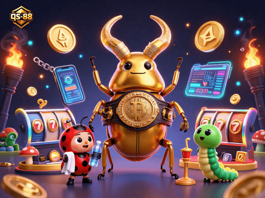 Engage with qs-88 in a dynamic casino showdown featuring vibrant 3D characters and neon elements.