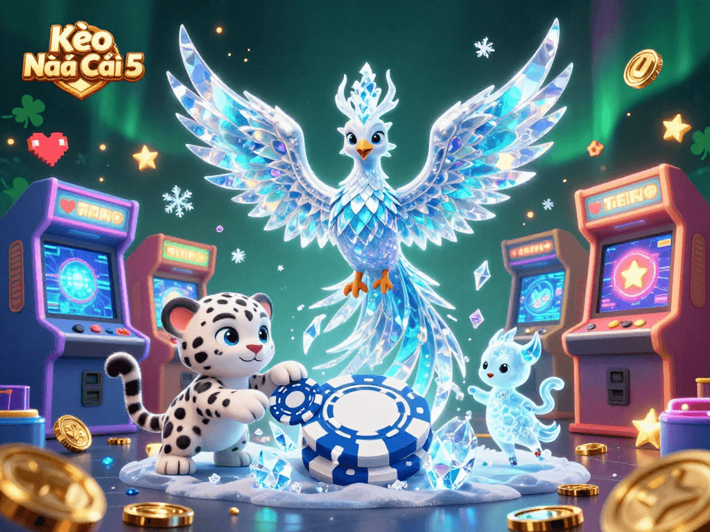 Kèo Nhà Cái 5 showcases a vibrant 3D casino scene with a phoenix, snow leopard, and ice sprites amidst gaming elements.
