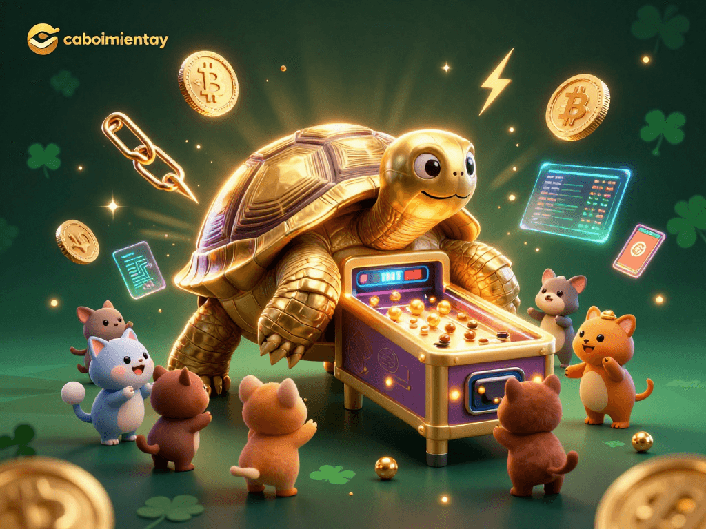 Engage in thrilling gameplay with caoboimientay, featuring a golden tortoise pinball machine and crypto elements.