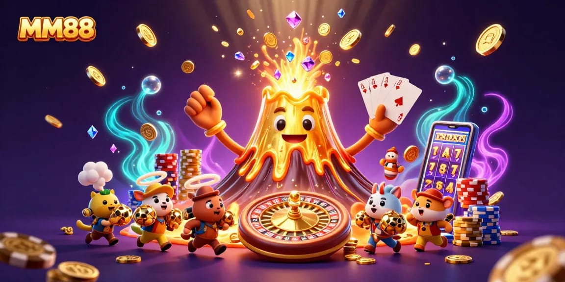 Experience MM88's thrilling gaming adventure with a volcano spewing treasure and captivating casino elements.