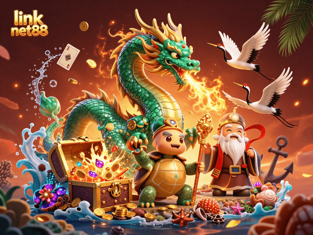 Experience thrilling game action with link net88's vibrant casino illustration featuring dragons and treasure.