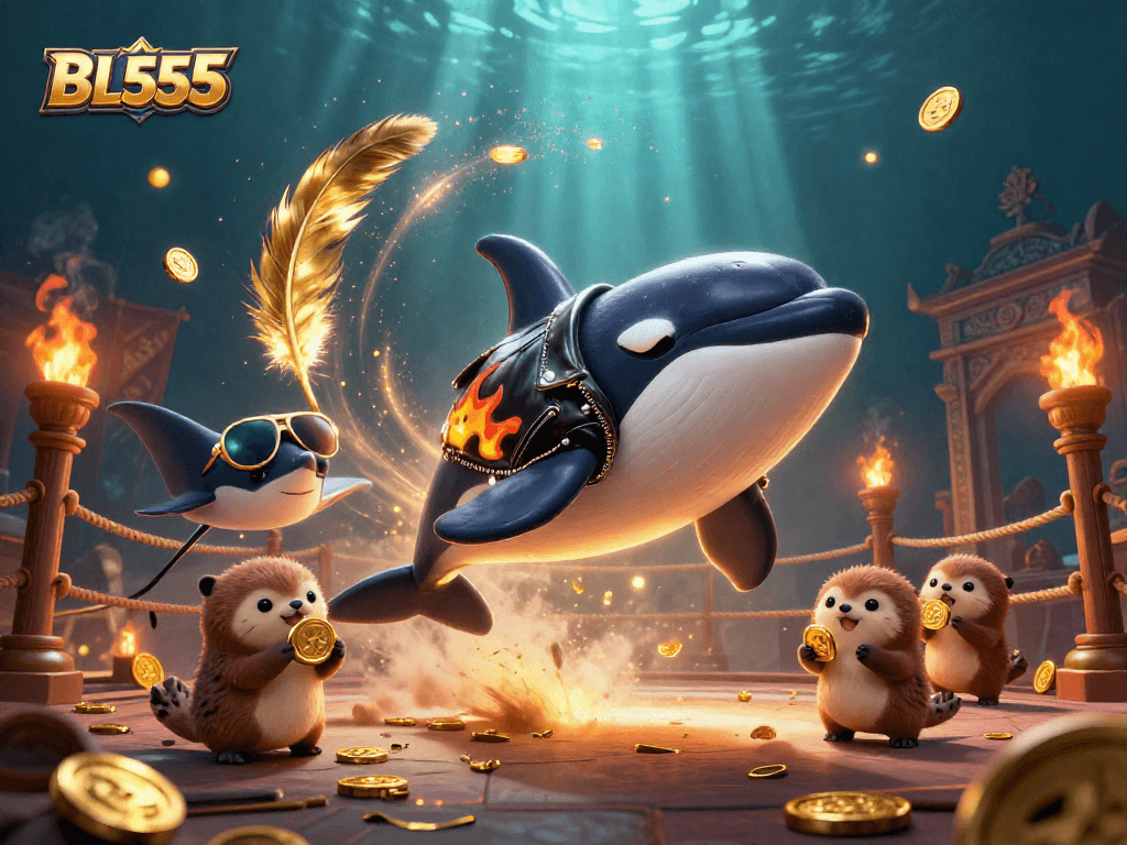 Join the excitement at BL555 with animated characters celebrating winnings in a vibrant casino-themed scene.