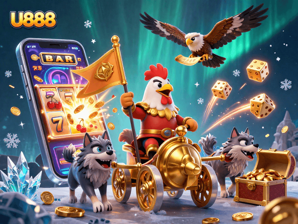 U888 engages players with thrilling gameplay, featuring a golden chariot amidst a jackpot frenzy.