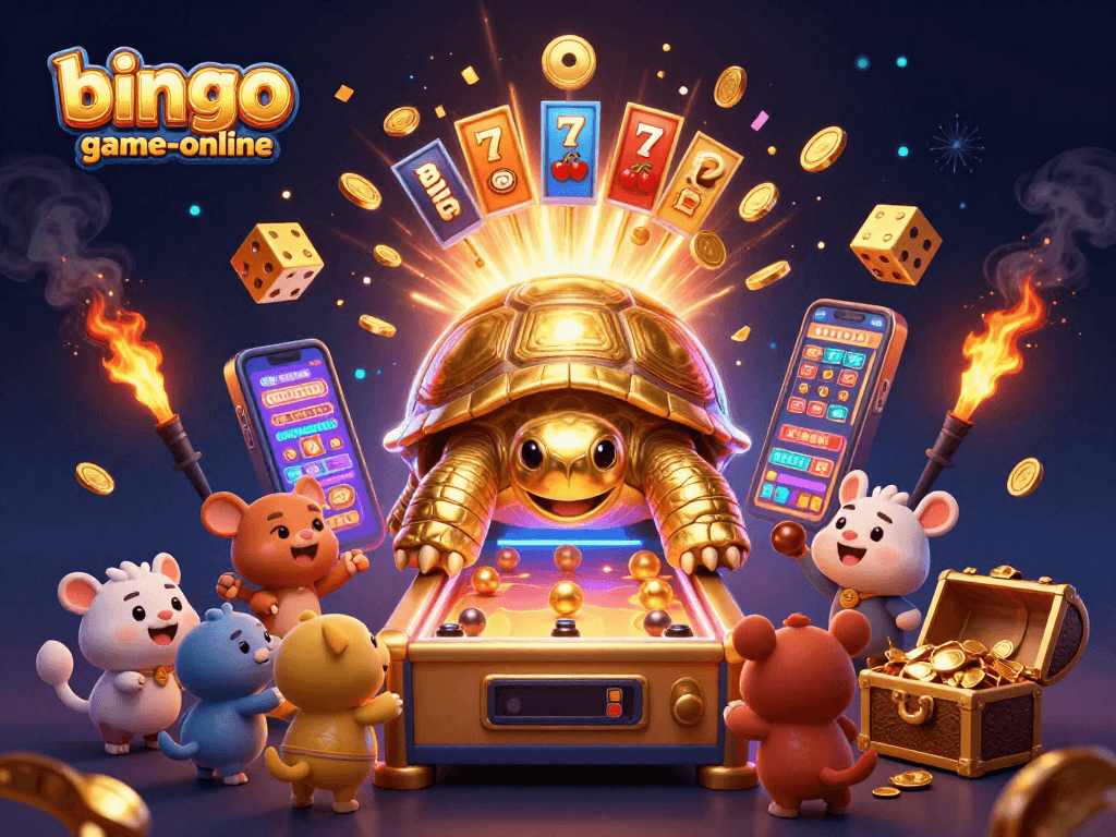 Experience jackpot excitement with bingo-game-online featuring a colossal tortoise pinball machine surrounded by vibrant casino elements.