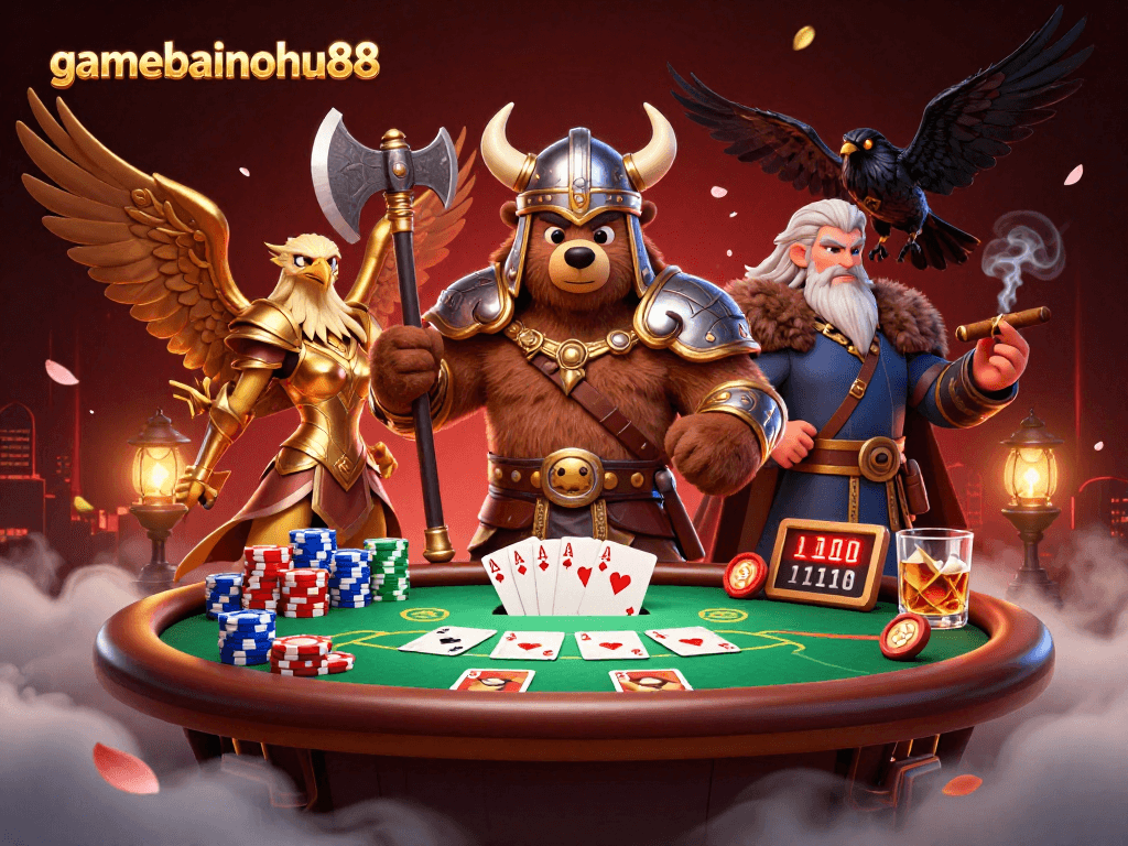 Engage in thrilling gameplay with gamebainohu88 at the vibrant poker table featuring a Viking bear and Valkyrie!