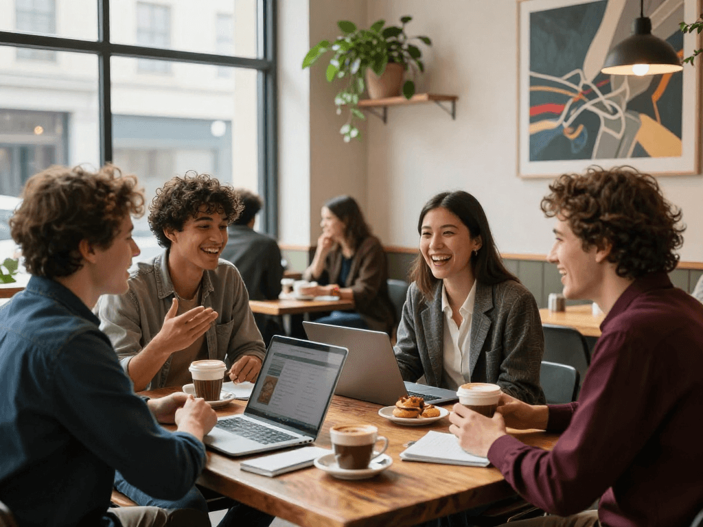 Young professionals engaging in a spicy chat over coffee in a vibrant urban café setting.