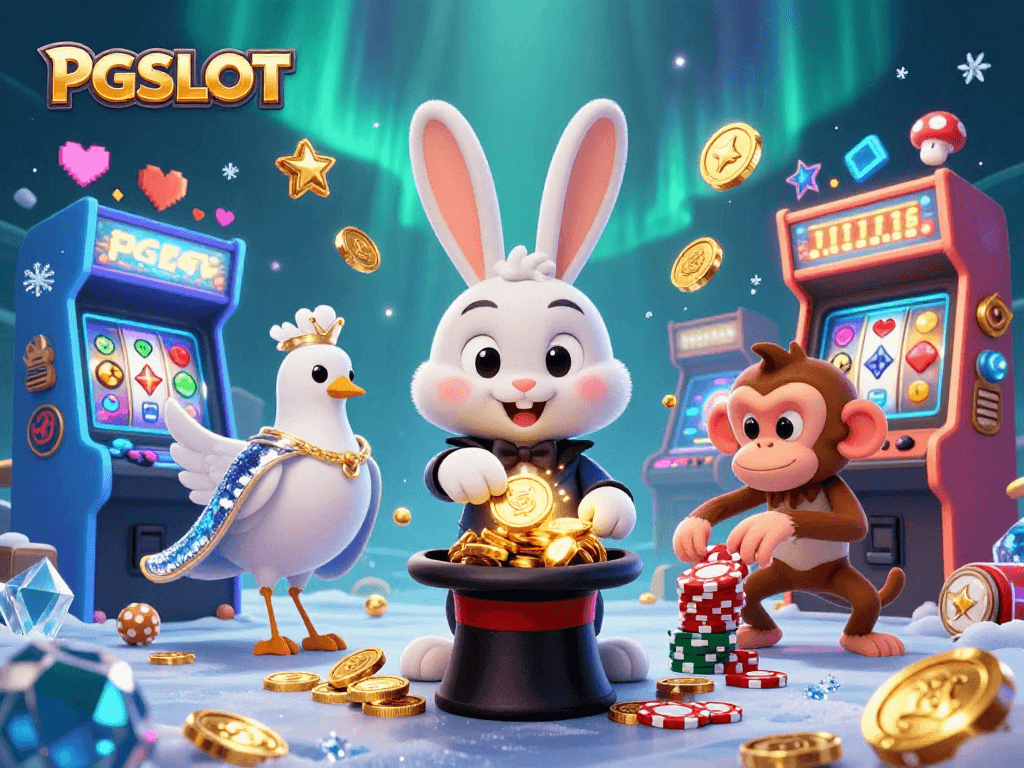 Experience PGSLOT thrills with a magician rabbit, coins, and dynamic casino elements in a vibrant 3D scene.