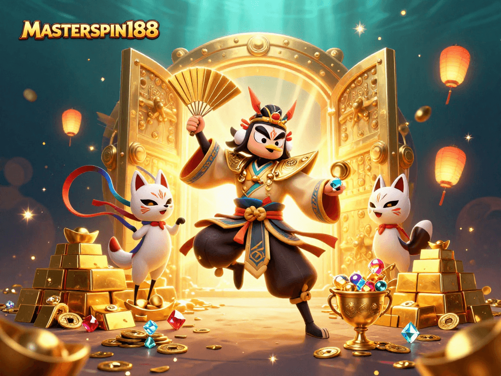 Enchanting scene showcasing MASTERSPIN188 with kabuki warriors, gold treasures, and vibrant spirit elements.