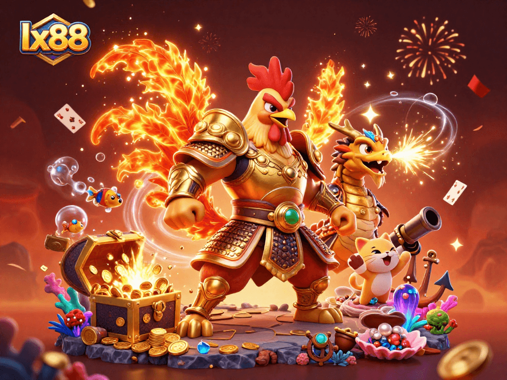 Experience the thrilling lx88 action with a cartoon rooster warrior and dragon in a vibrant casino scene.