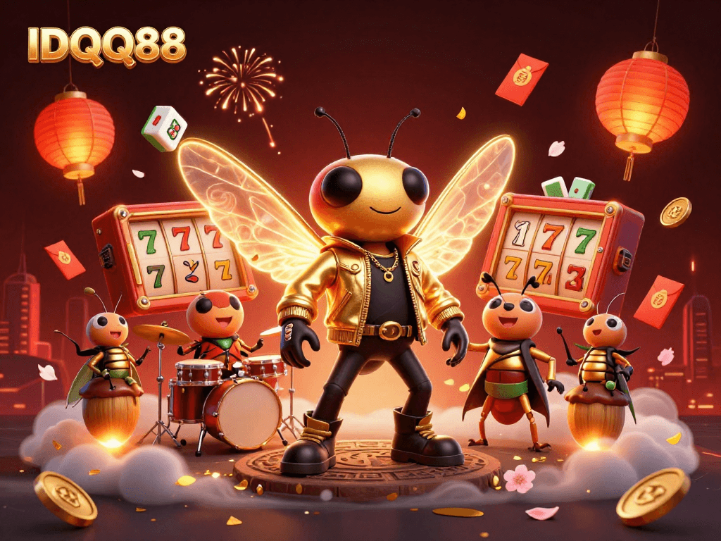IDQQ88 offers a vibrant casino scene with a cicada rock star and colorful game elements
