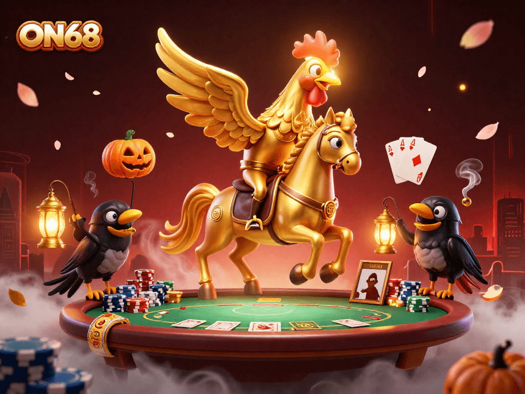Experience the dynamic casino thrill on ON68 with a golden rooster and spectral horse amidst towering poker chips.