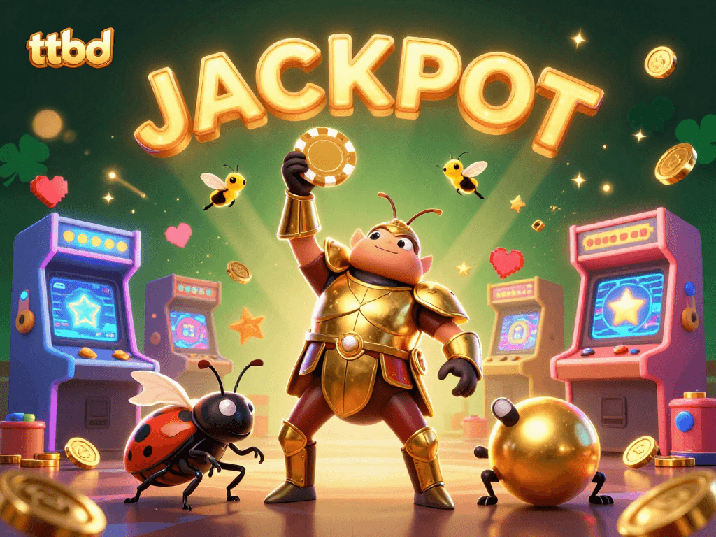 Explore thrilling ttbd gaming scenes with a victorious hercules beetle amid sparkling casino elements.