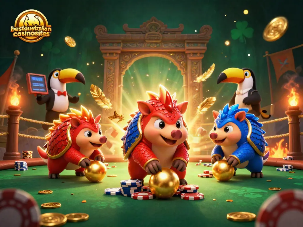 Engage in online poker excitement with bestaustraliancasinosites featuring competitive pangolins and gold chips.