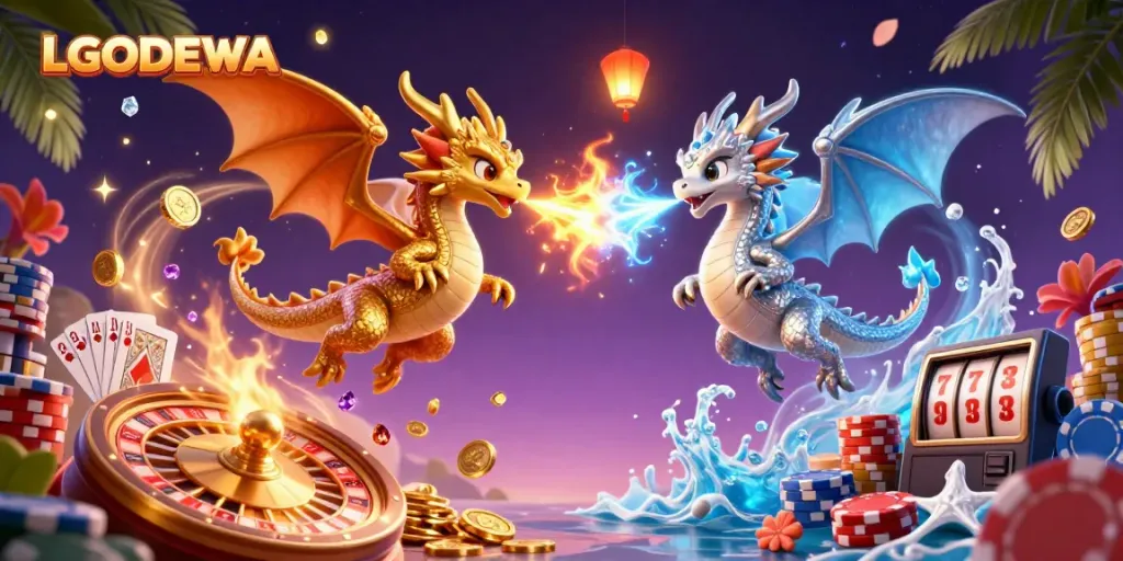 Engage with the thrilling world of LGODEWA as gold and silver dragons battle amidst casino riches.