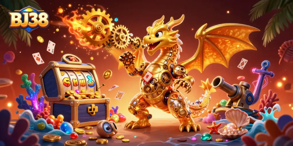 BJ38 illuminates a vibrant casino scene with a golden dragon and slot machines, creating thrilling gameplay.