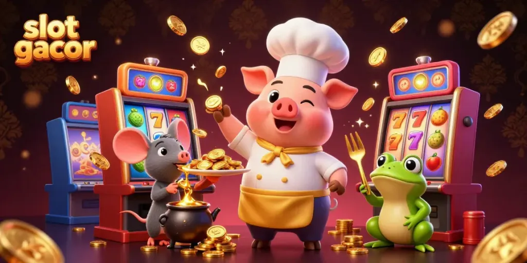 Ilustrasi slot gacor menarik dengan chef babi dan makanan koin emas di kasino digital