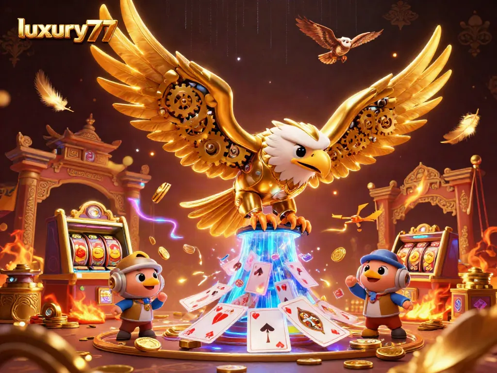 Experience thrilling gameplay at luxury777 with a cybernetic eagle amid dynamic slots and golden coins.