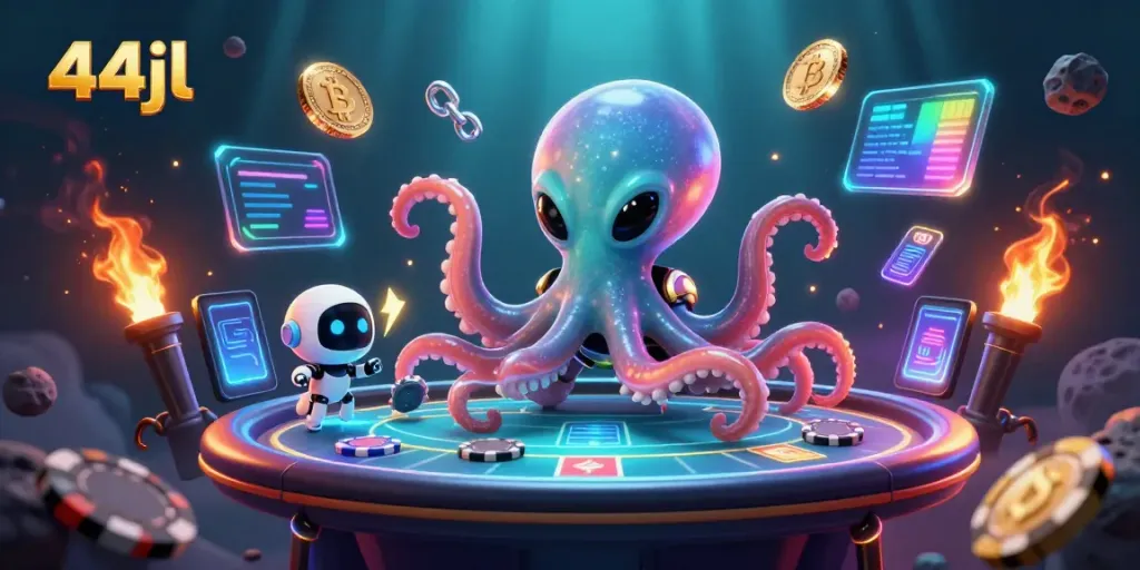 Engage in thrilling poker action at 44jl with the alien octopus smoothly dealing cards and vibrant crypto elements orbiting.