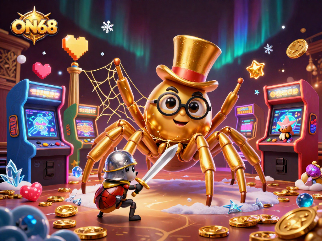 Experience thrilling gameplay at ON68 with a golden tarantula and beetle knight in a vibrant casino setting.
