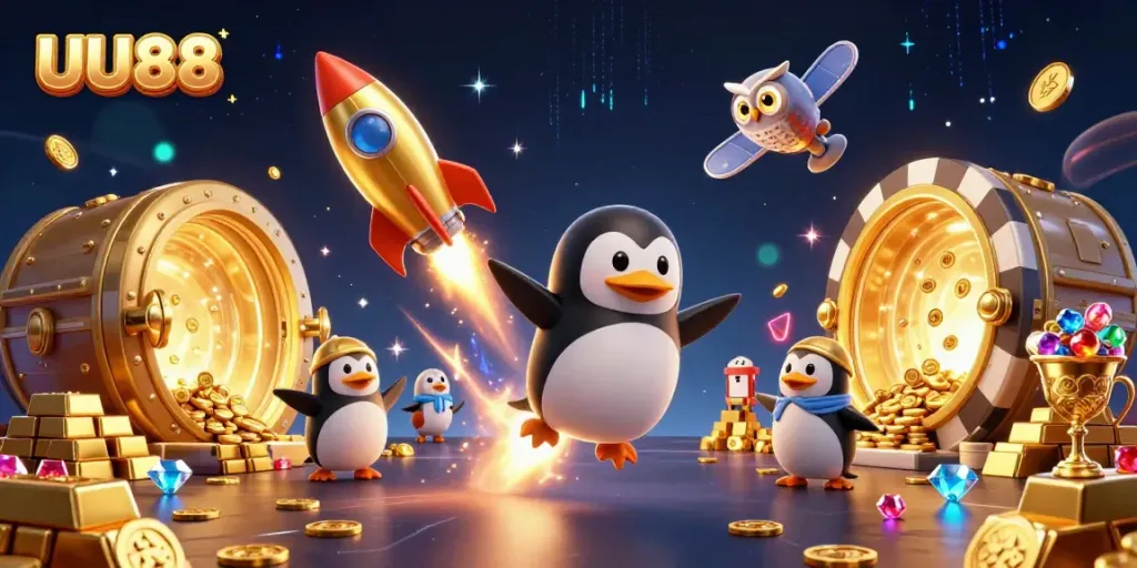 Experience UU88's thrilling online casino adventure with golden coins, a poker chip station, and sparkling treasures.