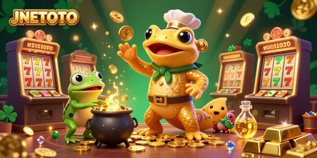 Immerse in JNETOTO's vibrant casino world, where golden alchemists conjure riches amidst slot machines and dazzling gems.