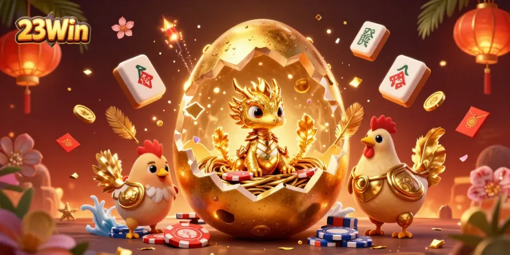 Experience thrilling wins with 23Win's exclusive casino action amidst vibrant golden elements.