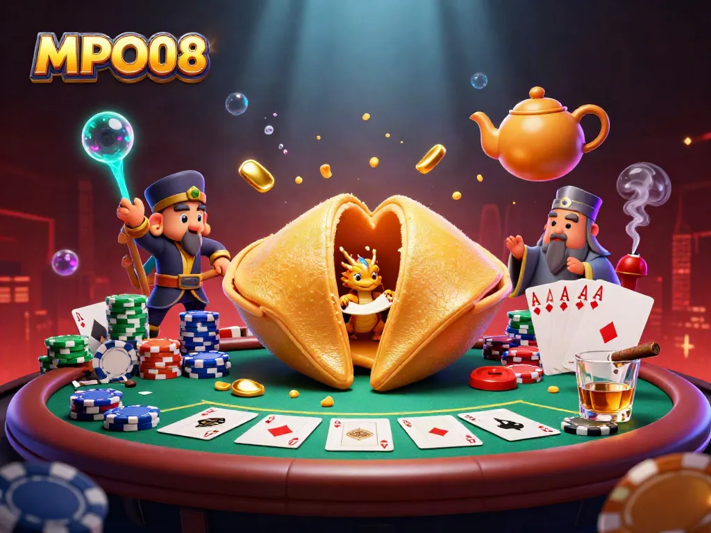 Engage in MPO08's rich gaming experience with a visually stunning 3D scene featuring golden fortune cookie characters and poker elements.