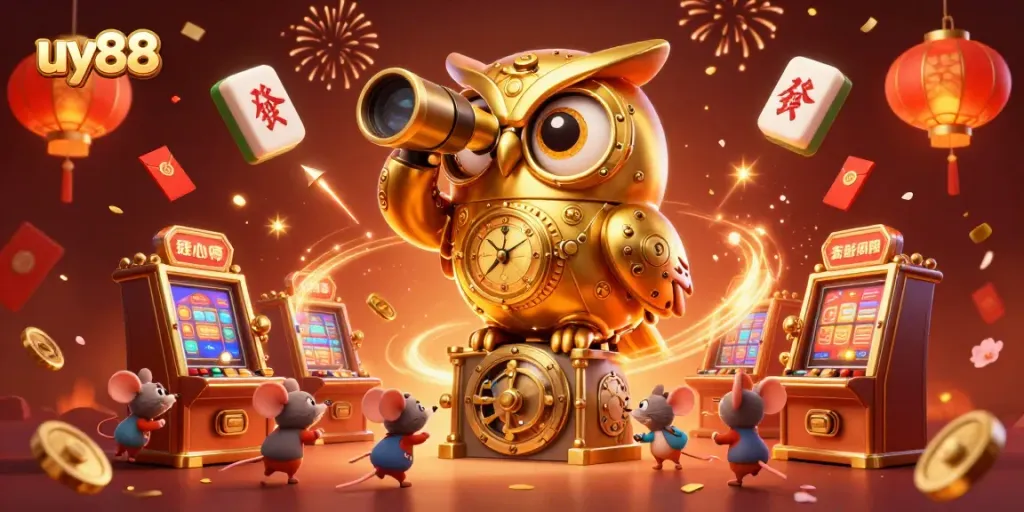 Experience the excitement of uy88 casino games with a golden owl and dynamic slot scene.