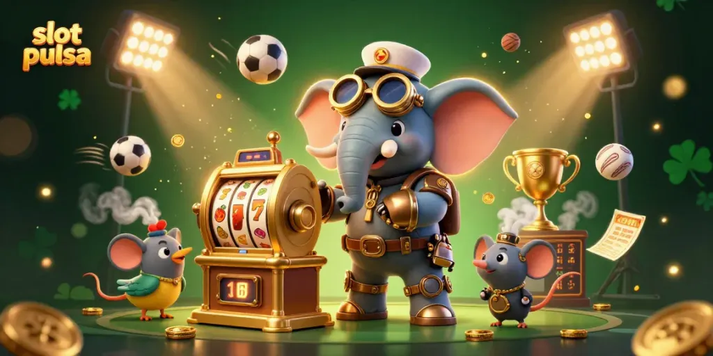 Engage with slot pulsa through a vibrant steampunk-themed casino scene featuring dynamic characters and gaming elements.
