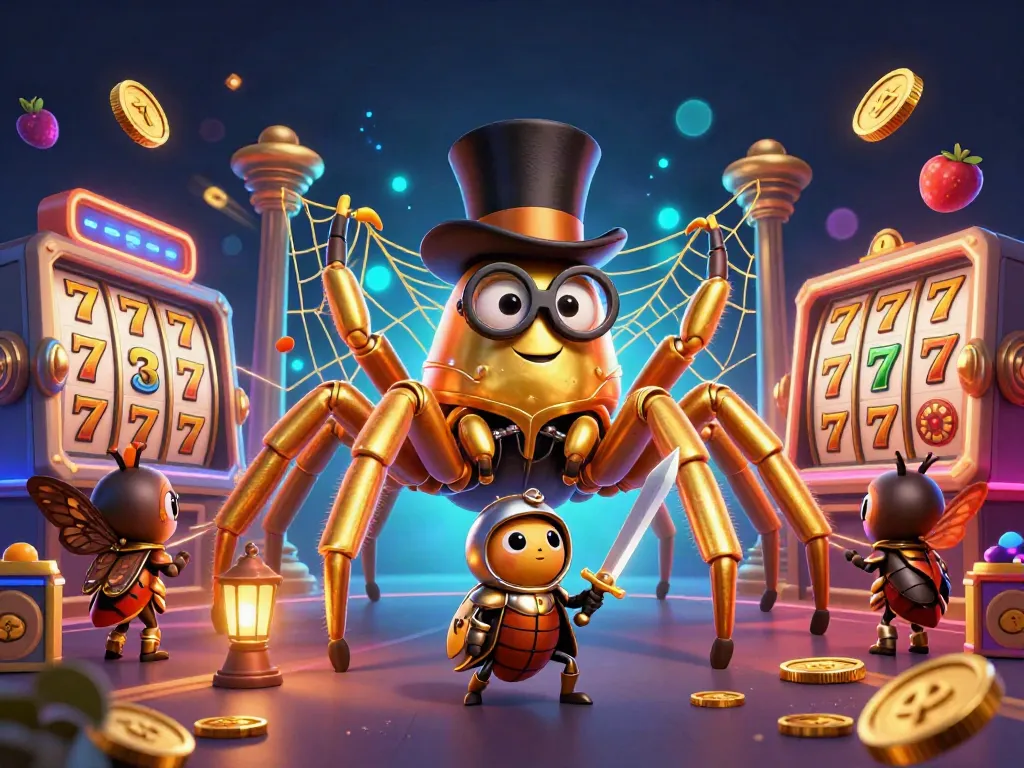 Engage in thrilling play with win33 login, featuring a golden tarantula, beetle knight, and vibrant slot reels.
