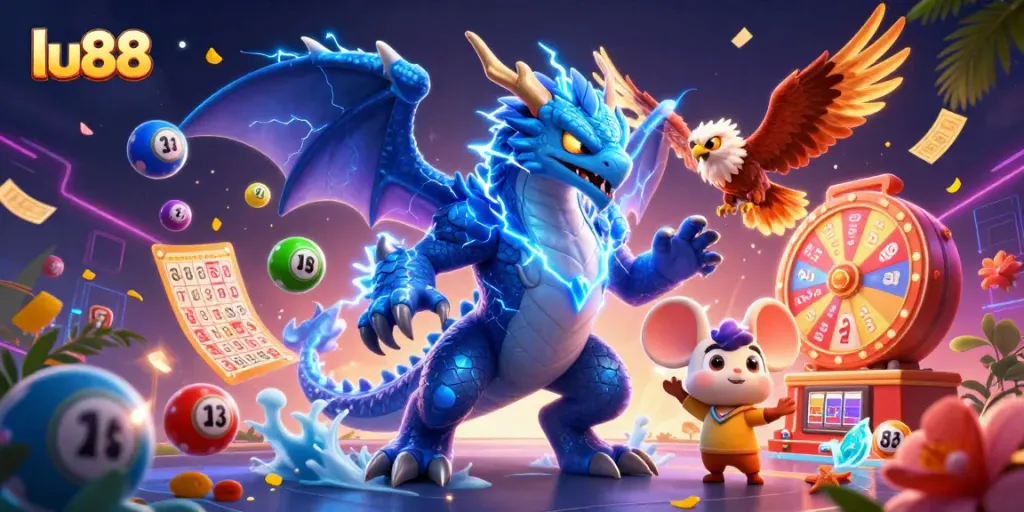 Win big with exciting games at lu88, featuring vibrant lottery balls and dynamic casino elements.