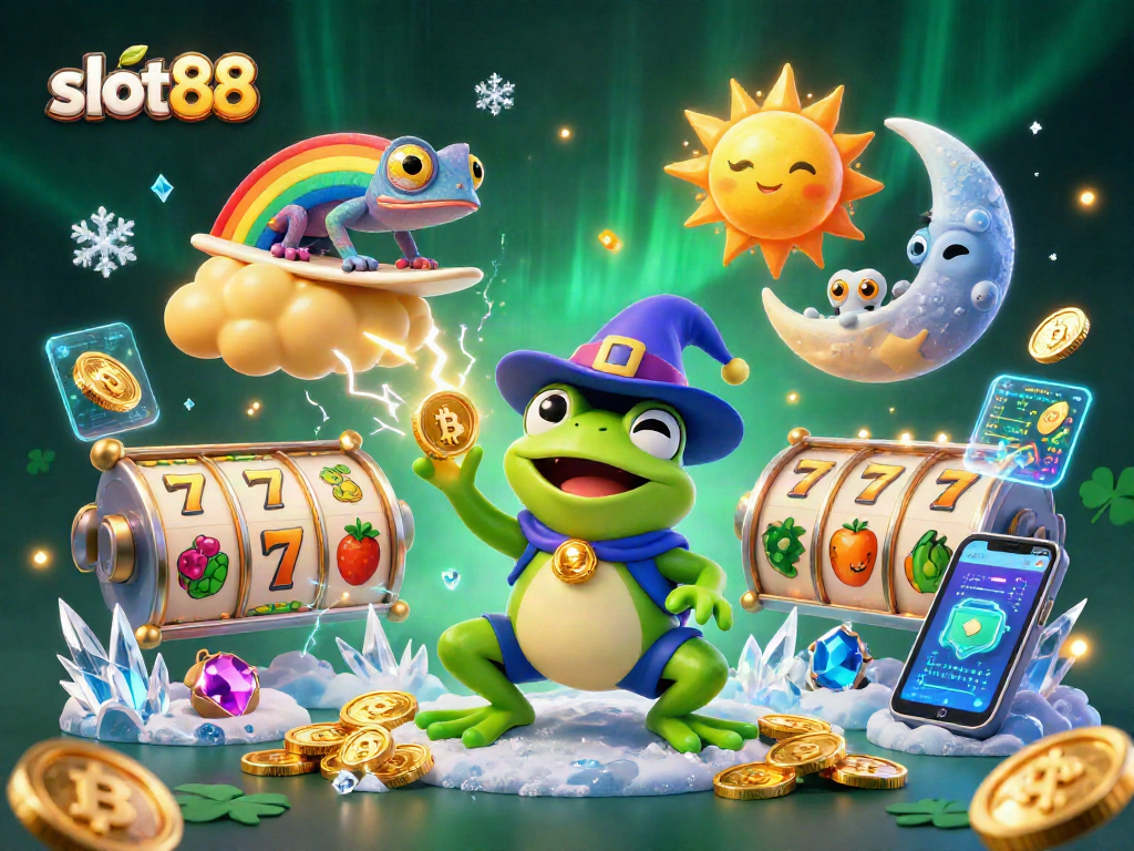 Spin to win with slot88 while the whimsical wizard frog unleashes a coin storm!