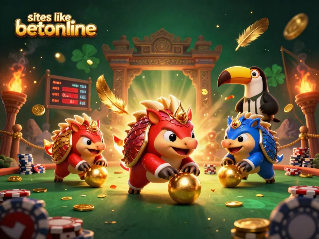 Pangolin characters showcasing sites like betonline with golden poker chips and vibrant casino elements
