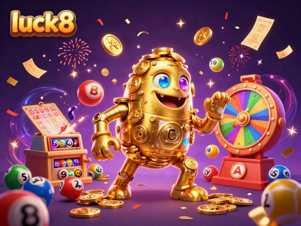 Engage with luck8 at an extravagant casino-themed celebration featuring golden golems and lottery elements.