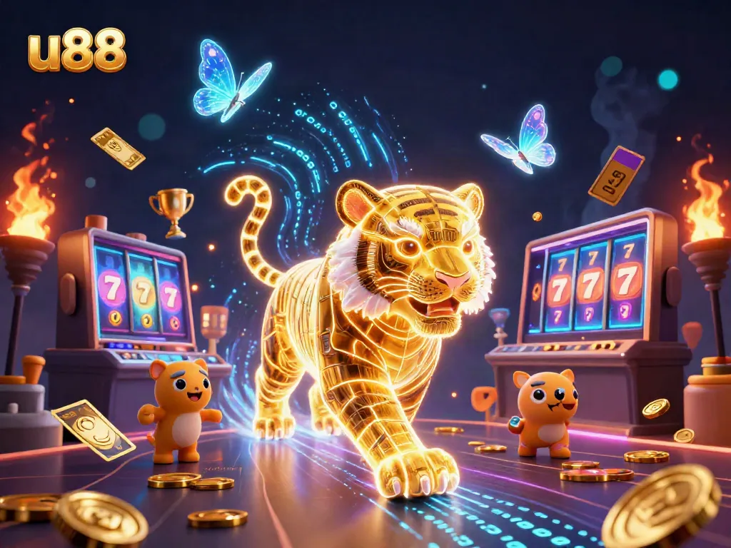 Engage in thrilling gameplay with u88, showcasing a radiant golden tiger in a vibrant digital casino.