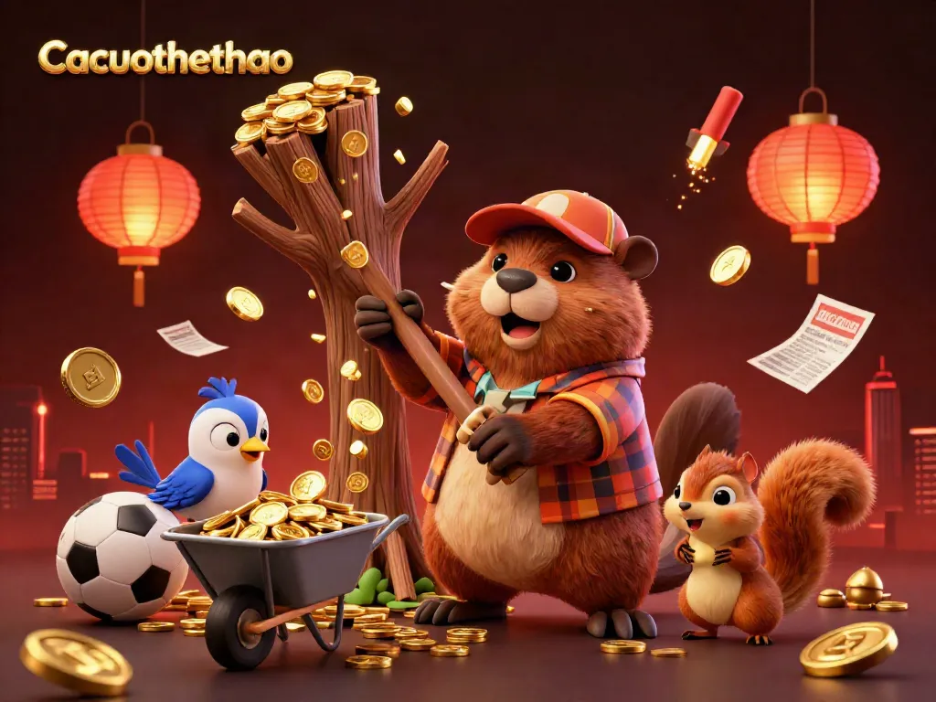 Cacuocthethao celebrates sports betting with a lively scene featuring a beaver collecting golden coins.
