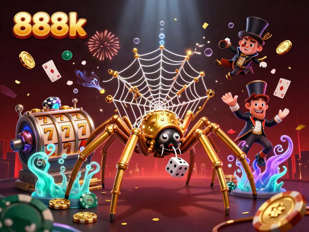 Experience the thrill of 888k with a 3D steampunk spider and vibrant casino elements.
