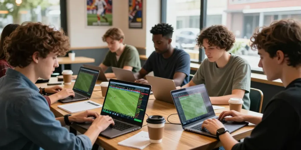 Engaged individuals analyzing soccer stats on WWBOLA platform.