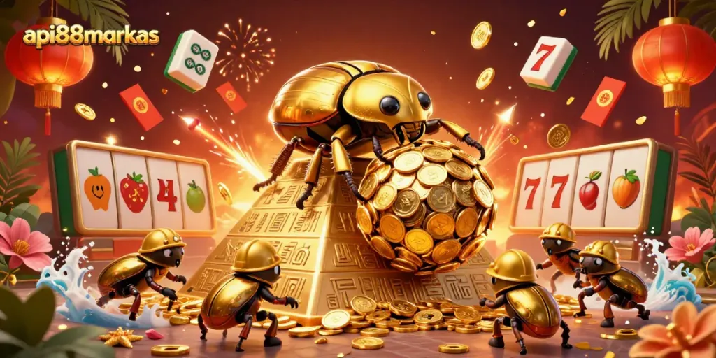 Experience the excitement at api88markas with golden treasures and vibrant casino elements in a dynamic gaming scene.