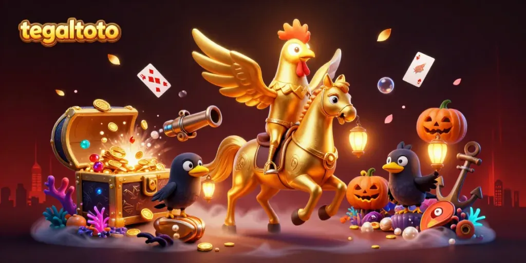 Permainan togel interaktif di tegaltoto dengan ayam emas dan kawanannya di kasino malam hari.