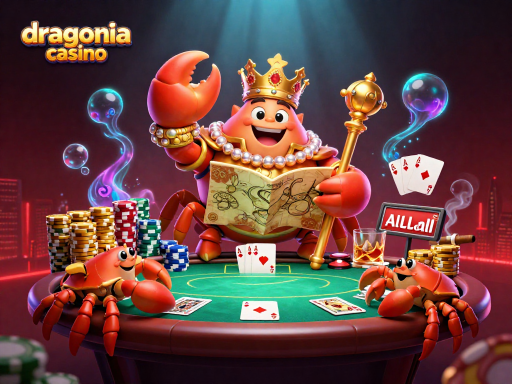 Jouez à dragonia casino avec un empereur crabe doré entouré de jetons et de jeux de cartes.