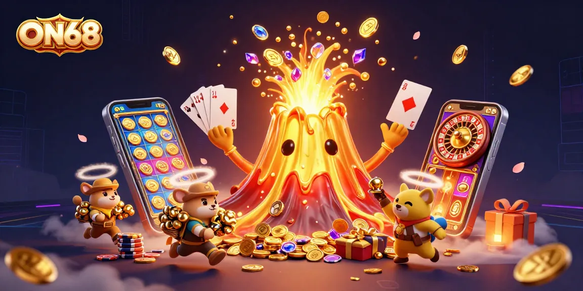 Experience thrilling gaming adventures at ON68 with treasures erupting from a volcano and captivating slot games.