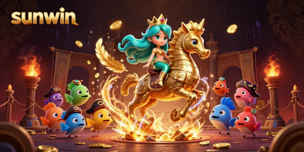 Engage with sunwin's vibrant 3D illustration showcasing a mermaid and seahorse in an exciting gaming atmosphere.
